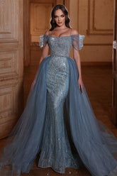 Off the Shoulder Mermaid Prom Dress Tulle Ruffles With Appliques