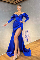 Off the Shoulder Mermaid Royal Blue Long Sleeves Prom Dress Beading