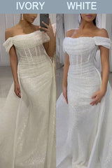 Off-the-Shoulder Mermaid Sequined Wedding Dress with Detachable Train-27dress