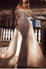 Off-the-Shoulder Mermaid Sequined Wedding Dress with Detachable Train-27dress