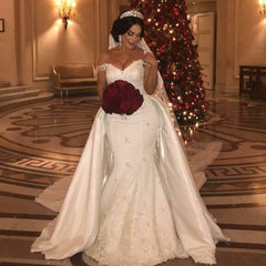 Off-the-Shoulder Mermaid Wedding Dress Overskirt Lace Bridal Gown-27dress