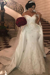 Off-the-Shoulder Mermaid Wedding Dress Overskirt Lace Bridal Gown-27dress