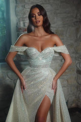 Off-the-Shoulder Mermaid Wedding Dress Sequins Slit Overskirt-27dress