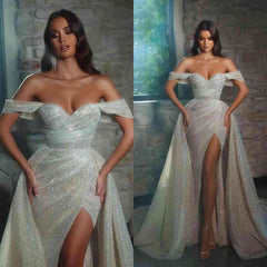 Off-the-Shoulder Mermaid Wedding Dress Sequins Slit Overskirt-27dress