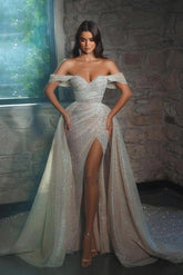 Off-the-Shoulder Mermaid Wedding Dress Sequins Slit Overskirt-27dress