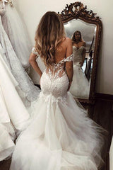 Off-the-Shoulder Mermaid Wedding Dress Tulle With Lace Appliques-27dress
