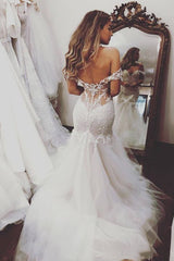 Off-the-Shoulder Mermaid Wedding Dress Tulle With Lace Appliques-27dress