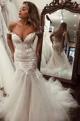 Off-the-Shoulder Mermaid Wedding Dress Tulle With Lace Appliques-27dress