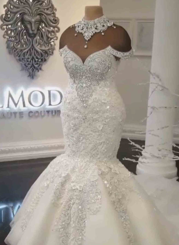 Off-the-Shoulder Mermaid Wedding Dress With Appliques Beads-27dress