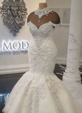 Off-the-Shoulder Mermaid Wedding Dress With Appliques Beads-27dress