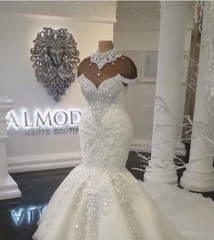 Off-the-Shoulder Mermaid Wedding Dress With Appliques Beads-27dress