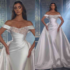Off-the-Shoulder Overskirt Wedding Dress Long With Beads-27dress