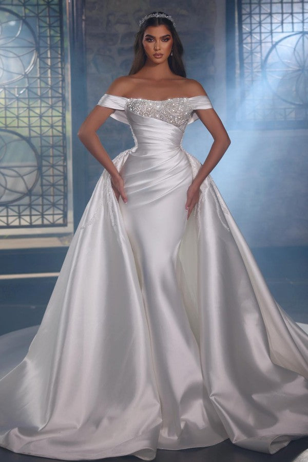 Off-the-Shoulder Overskirt Wedding Dress Long With Beads-27dress