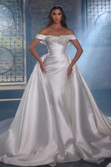 Off-the-Shoulder Overskirt Wedding Dress Long With Beads-27dress