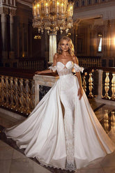 Off-the-Shoulder Overskirt Wedding Dress Mermaid Lace Bridal Gown-27dress