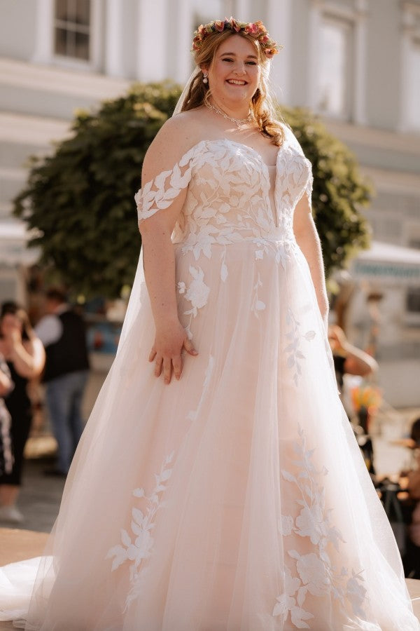 27DRESS Off-the-Shoulder Plus Size Wedding Dresses with Lace Applique