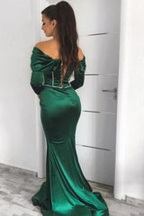 Off the Shoulder Prom Dress Dark Green Long Sleeves Mermaid