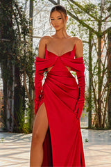 Off the Shoulder Prom Dress Red Half Sleeves With Slit Pleated Gloves