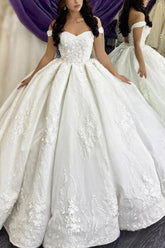 Off-the-shoulder Satin Court Train Wedding Dress with Appliques Lace-27dress