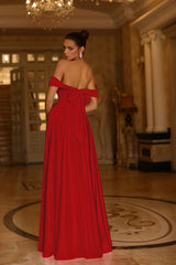 Off the Shoulder Satin Gown With A Line And Side Pockets Prom Dress
