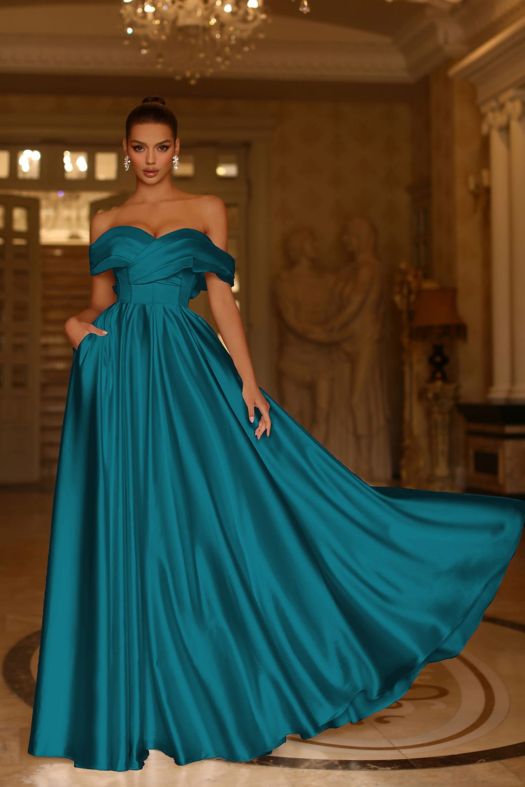 Off the Shoulder Satin Gown With A Line And Side Pockets Prom Dress