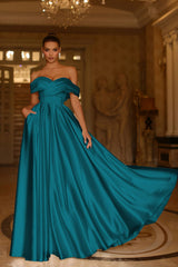 Off the Shoulder Satin Gown With A Line And Side Pockets Prom Dress