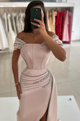 Off-the-Shoulder Satin Long Prom Dress with Sequin-27dress