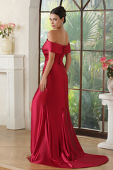 Off-the-shoulder Satin Mermaid Long Prom Dress with Slit-27dress