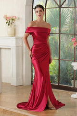 Off-the-shoulder Satin Mermaid Long Prom Dress with Slit-27dress