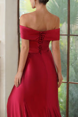 Off-the-shoulder Satin Mermaid Long Prom Dress with Slit-27dress