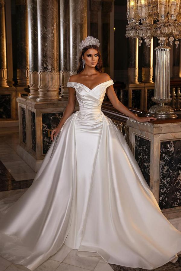 Off-the-Shoulder Satin Wedding Dress Mermaid Long-27dress