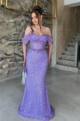 Off the Shoulder Sequins Sweetheart Mermaid Long Prom Dress With Beadings