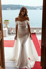 Off-the-Shoulder Sequins Wedding Dress Mermaid Bridal Gown With Ruffle-27dress