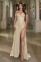 Off the Shoulder Sleeveless Long Split Prom Dress With Sequins