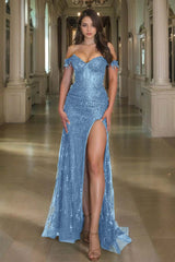 Off the Shoulder Sleeveless Long Split Prom Dress With Sequins