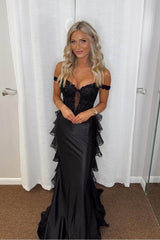 Off the Shoulder Sleeveless Mermaid Long Prom Dress With Appliques