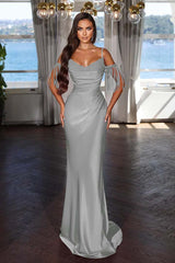 Off the Shoulder Sleeveless Mermaid Long Prom Dress With Tassel