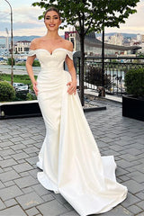 Off the Shoulder Sleeveless White Pleated Prom Dress Mermaid With Ruffles