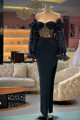 Off the Shoulder Strapless Long Sleeves Prom Dress With Sequins