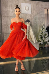 Off the Shoulder Strapless Sweetheart Red A Line Prom Dress With Sequins