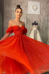 Off the Shoulder Strapless Sweetheart Red A Line Prom Dress With Sequins