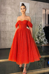 Off the Shoulder Strapless Sweetheart Red A Line Prom Dress With Sequins
