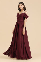 Off-the-Shoulder Sweetheart Burgundy Long Bridesmaid Dress With Slit-27dress