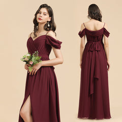Off-the-Shoulder Sweetheart Burgundy Long Bridesmaid Dress With Slit-27dress