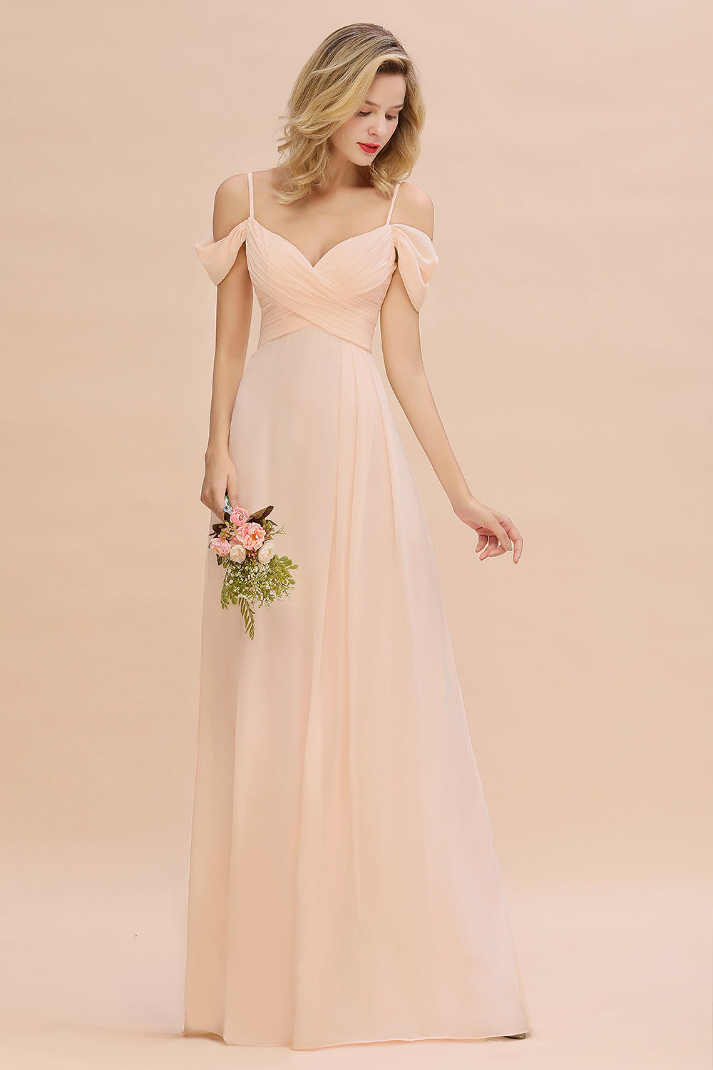 Off-the-Shoulder Sweetheart Ruched Long Bridesmaid Dress Online-27dress