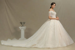 Off-the-Shoulder Tassels Ball Gown Wedding Dress With Beads-27dress