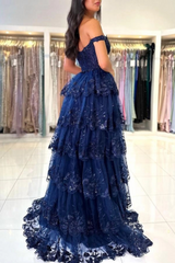 Off-the-shoulder Tulle A-line Long Prom Dress with Lace Applique-27dress