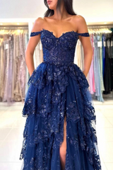 Off-the-shoulder Tulle A-line Long Prom Dress with Lace Applique-27dress