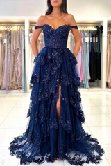 Off-the-shoulder Tulle A-line Long Prom Dress with Lace Applique-27dress