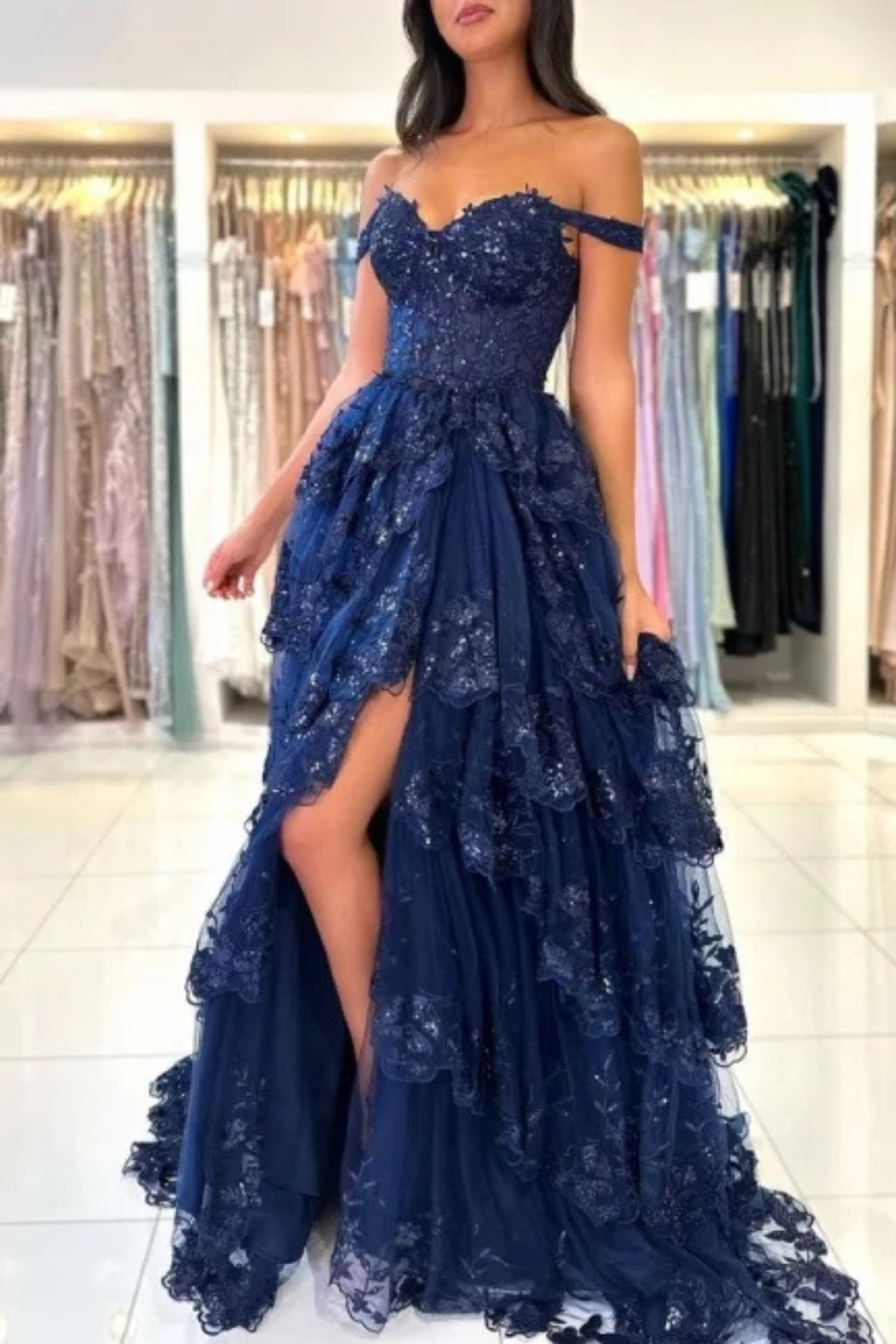 Off-the-shoulder Tulle A-line Long Prom Dress with Lace Applique-27dress